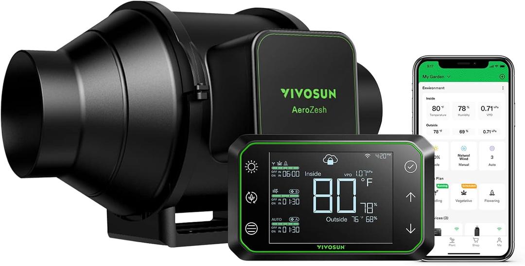 VIVOSUN AeroZesh S4 Inline Duct Fan, Quiet 4" 208 CFM Ventilation Exhaust Fan w/EC Motor and GrowHub E42A Temperature Humidity WiFi-Controller - for Heating Cooling Booster, Grow Tents, Hydroponics