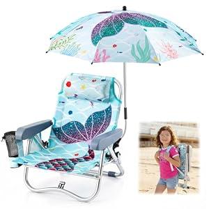 Yalikop Kids Beach Chair with 4 Positions Seaside Beach Chair with Umbrella Kids Folding Camping Seating for Boy Girls Children Sand Camping Travel Outdoor Summer Supply(Mermaid Theme)