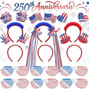 Huwena 12 Pcs 250th Anniversary 4th of July Headbands Glasses Patriotic Photo Booth Prop Fourth of July Accessories Decor Independence Day Party Favor Red White Blue Headband for Memorial Day Supplies