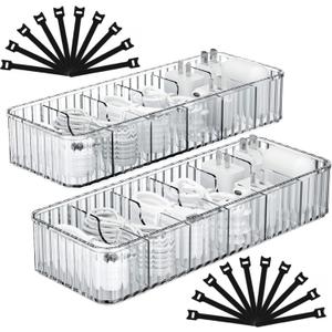 Cable Storage Boxes Organizers 2 Pack, Cord Charger Storage Organizer Box Case with 20pcs Cable Ties, Stackable, Clear