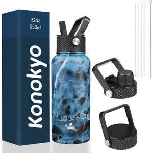 Konokyo 32 oz Insulated Water Bottle Stainless Steel Sport Bottles with 3 Lids,Marble Ocean