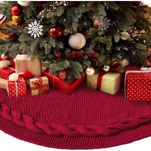 48 Inch Dark Red Knitted Christmas Maroon Tree Skirt, Large Xmas Tree Skirts Round Base Skirt for Christmas Tree Decorations, for 6-8FT Tree Christmas Treer Burgundy Tree Skirt Rug Decorations