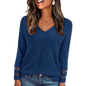 PRETTYGARDEN Women's Long Sleeve Shirts Ribbed Knit V Neck Tee Dressy Casual Blouses Going Out Tunic Tops 2026 Fall Outfits (Blue, M)