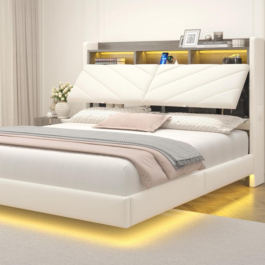 Jocoevol Queen Size Floating Bed Frame with Ergonomic Hidden Headboard & Bookcase Storage, Upholstered Velvet Platform Bed with LED Light & Charging Station, No Box Spring Needed - Beige