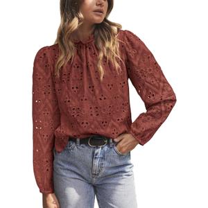 PRETTYGARDEN Tops for Women Trendy 2025 Fall Long Sleeve Blouses Dressy Casual Embroidered Eyelet Shirts Going Out Outfits (L)