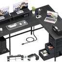 59 inch L Shaped Computer Desk with Power Outlets, Home Office Desk with 4 Adjustable Storage Drawers & 2 Monitor Stands, Two Person Gaming Table for Bedroom, Black