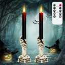 DRomance Black Flameless Taper Candles Battery Operated with Remote and Timer, Blood Dripping Wax LED Flickering Candles Skeleton Hand Holders Dinner Table Halloween Decor Lights(1 Pack, 3” x 12”)