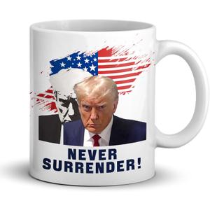 Hbydo White Trump Mug, 11 Oz Ceramic Double Sided Trump Coffee Mugs Printed Never Surrender for Home Daily Drink, Trump Coffee Cup for Brother Dad Parents Friends : Home & Kitchen