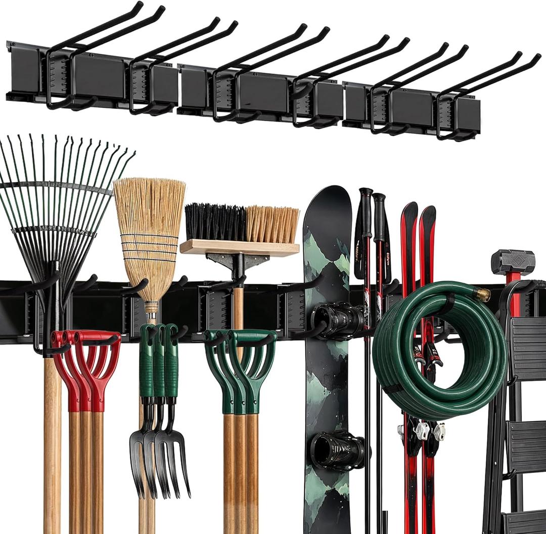 TIDYME Garage Wall Organizer | 48" Heavy-Duty Tool Storage Rack | Adjustable Double-Layer Hooks | 300 lbs Capacity | Carbon Steel Wall Mount Holder for Shovels, Rakes, Ladders & Power Tools