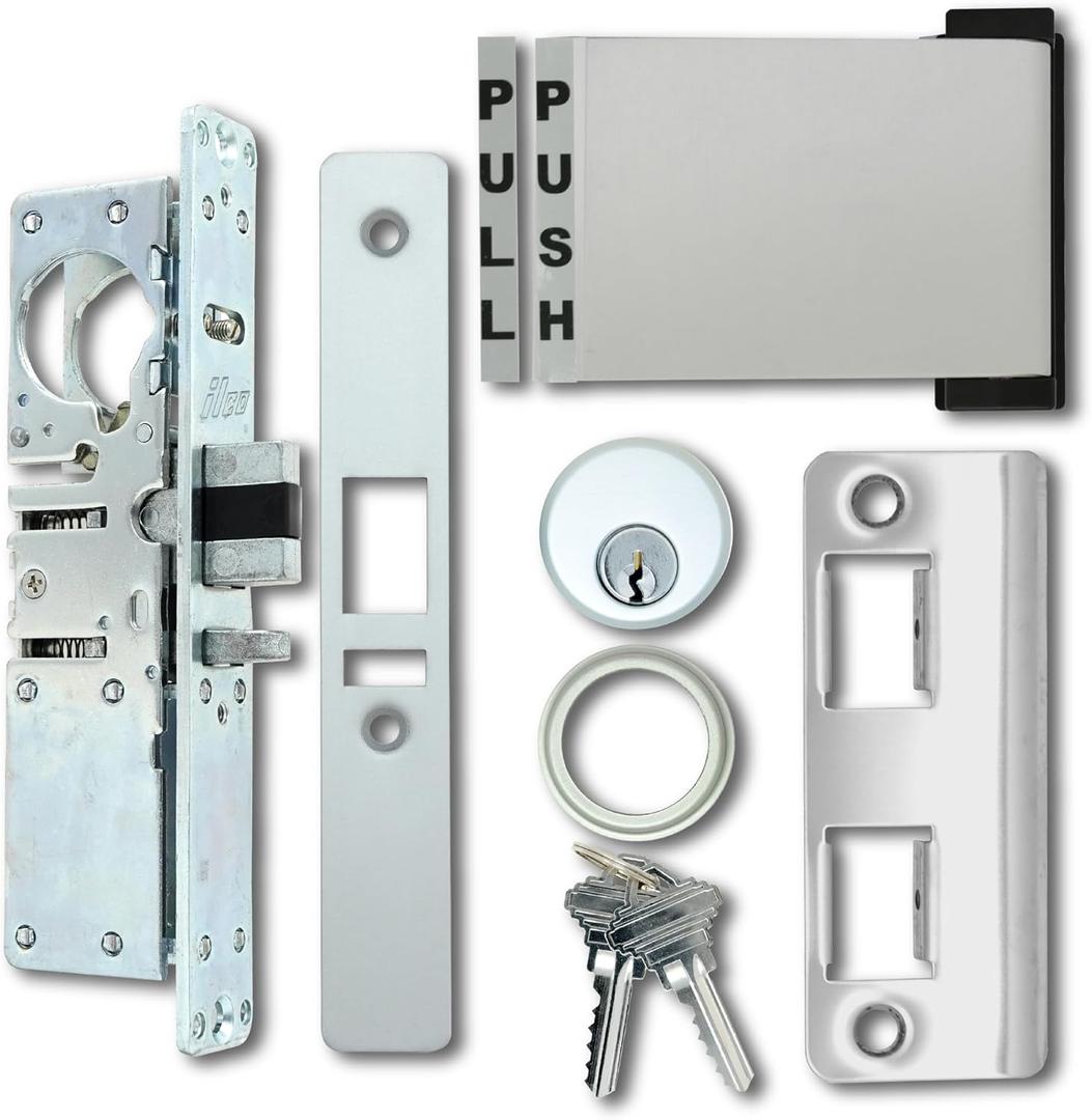 Storefront Door Mortise Deadlatch Lock & Exit Paddle Handle Kit w/Mortise Cylinder & Keys in Aluminum Finish (Push to Left) - High Grade Adams Rite Style Lock - Maxium Security (31/32" Backset)