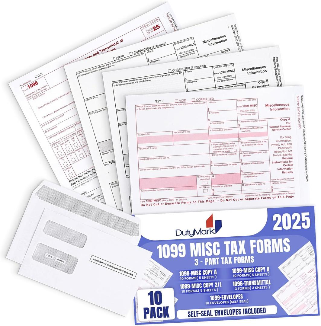 1099 Misc Tax Form Set 2025 and Envelopes, Complete Laser Kit for 10 Vendors ~3-Part~ All 1099 Forms with Self-Seal Envelopes, 1099 Misc 2025 Compatible with QuickBooks and Accounting Software