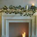 Fudios Lighted Twig Eucalyptus Garland 6FT 96 Warm White LED Battery Operated with Timer for Mantle Fireplace Wedding Party Spring Bedroom Decoration Indoor Outdoor Use