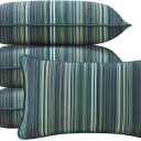 Sunbrella Decorative Outdoor Water Repellent Throw Pillows with Inserts, Set of 4, 20" x12" Pillows for Patio, Backyard, Bed, Couch, and Patio Furniture, Beach Stripe Lagoon