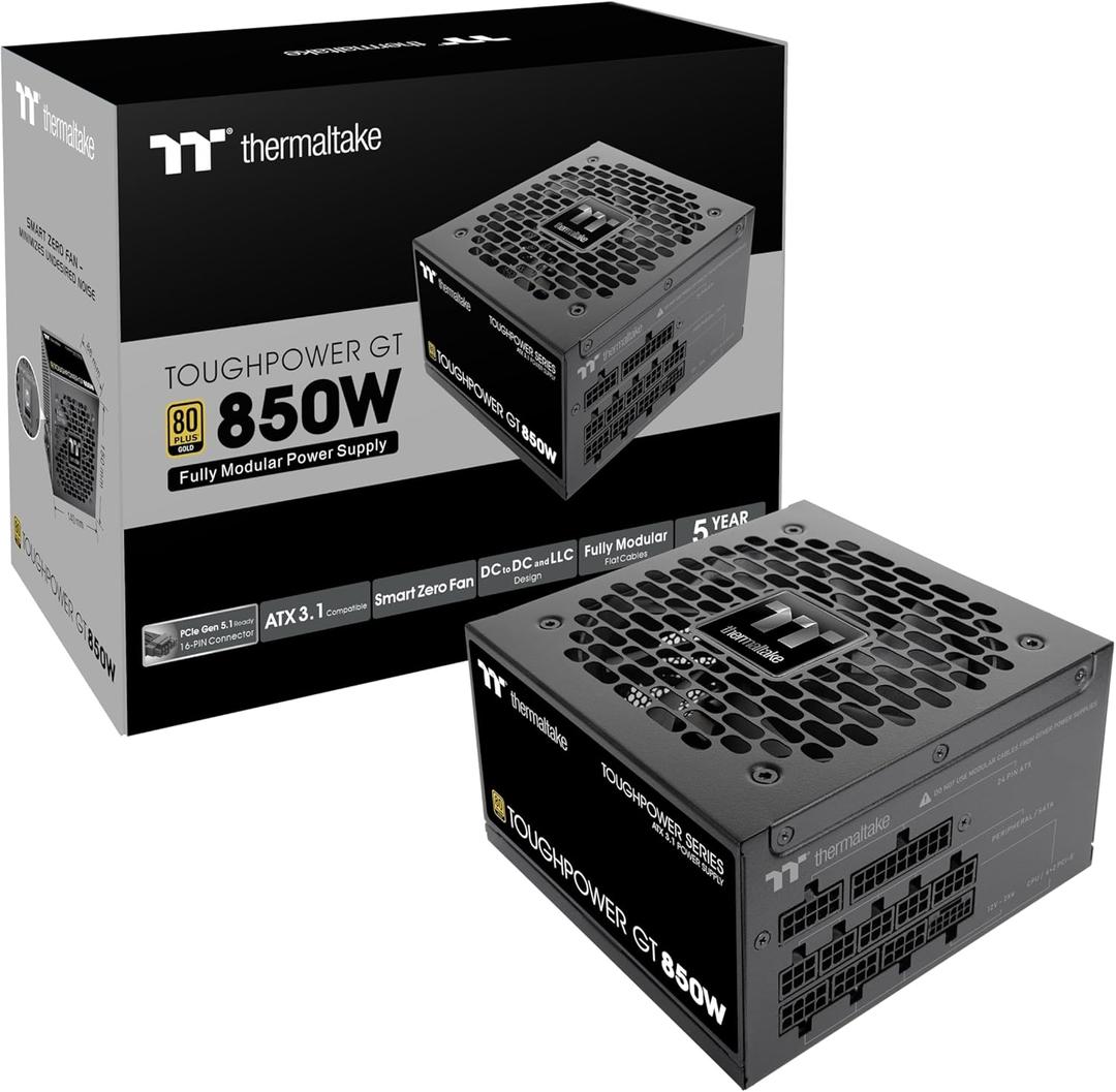 Thermaltake Toughpower GT 850W ATX 3.1 Standard Power Supply; 80 Plus Gold Efficiency; Smart Zero Fan; Native 450W PCIe 5.1 Connector; PS-TPT-0850FNFAGU-3 (Black)