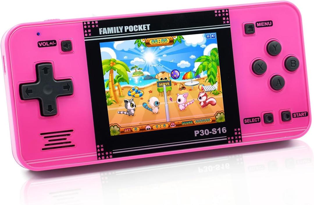 Handheld Game for Kids -Preloaded 220 Retro Video Games, Portable Gaming Player with Rechargeable Battery 3.0" LCD Screen, Mini Arcade Electronic Toy Gifts for Boys Girls (Red) Pink