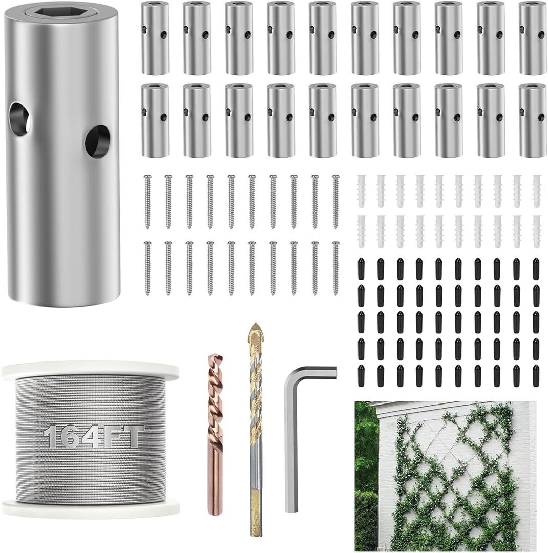 Wire Trellis for Climbing Plants Outdoor, 20 Set Wall Trellis Kit with 1/8" x 164ft Stainless Steel Cable, T316 Cylindrical Espalier System Cable Trellis Kit for Green Wall Fence DIY Projects