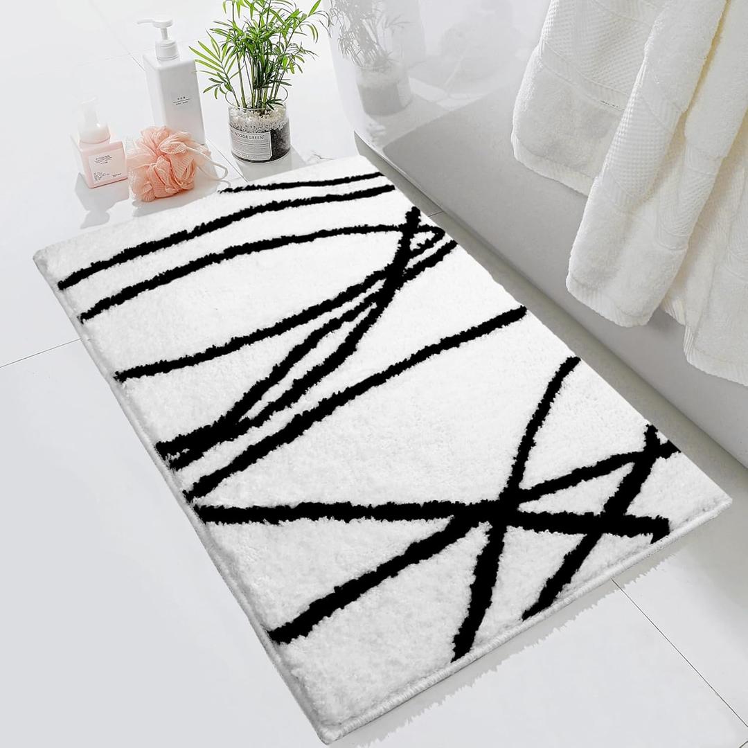 Tititex Luxury White Black Curve Line Bathroom Rug, 16x24 inch Extra Soft and Absorbent Microfiber Bath Rugs, Non-Slip Plush Shaggy Bath Carpet, Bath Mats for Bathroom Floor, Tub and Shower