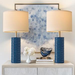 PORTRES 24.75" Modern Accent Ceramic Table Lamp Set of 2 for Bedroom Desk Decor Bedside Lamps for Living Room Study Room Office Dorm Farmhouse Nightstand Lamp End Table Lamps (Blue)