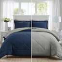 Furnishh Queen Comforter Set 7 Pieces Bed in a Bag, Full/Queen Reversible Bed Set with Comforter, Flat Sheet, Fitted Sheet, Pillowcases & Shams, Navy Blue and Grey Bedding Sets for Queen Size Bed