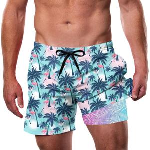 Cozople Men's Swim Trunks with Compression Liner 5.5" Inseam Quick Dry Bathing Suit Boxer Brief Lined Swim Shorts Swimwear (X-Large, A-flamingo Tree)
