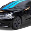 Car Cover Custom Fit for Tesla Model 3 2019-2024 Waterproof All Weather Rain Snowproof UV Protection Windproof with Charging Port, Ventilated Mesh, Zipper Door, Reflective Strip, Storage Bag (Blue)
