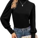 Qirno Womens Mock Neck Puff Long Sleeve Tops Casual Loose Solid Basic T Shirt Button Cuffs Pullovers Shirts Blouse (XX-Large, Black)