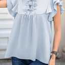 Womens Dressy Casual Shirts Summer Ruffle Short Sleeve Work Blouses Hidden Button Crewneck Cute Bow Tie Front Tops (Blue, M)