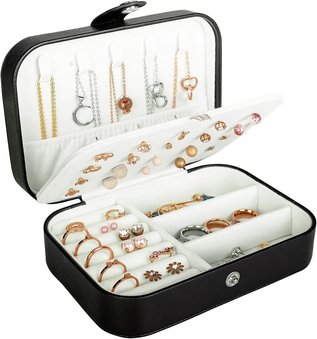 Travel Jewelry Box, PU Leather Small Jewelry Organizer for Women Girls, Portable Mini Travel Case Display Storage Holder Boxes for Stud Earrings, Rings, Necklaces, Bracelets. (Black)