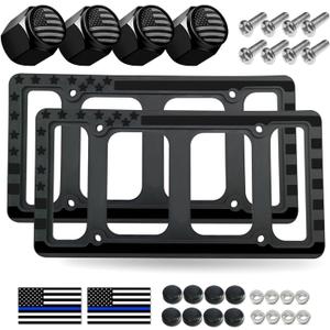 Silicone American Flag License Plate Frames- Rustproof Patriotic Gloss USA Stars and Stripes Flag Black Car Tag Holder Cover, 2 Pack for Front and Rear, with Mount Screws Caps, Automotive Accessories