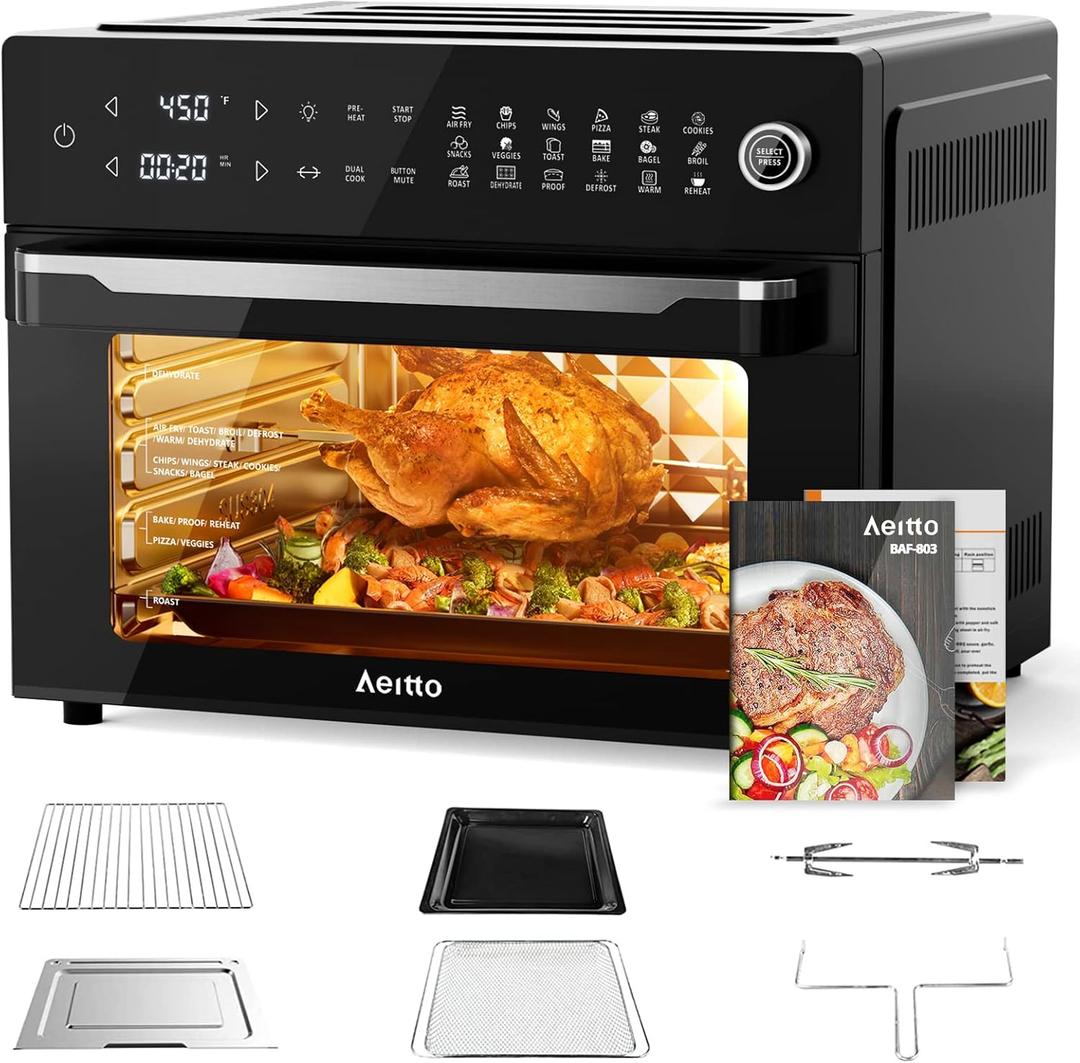 Aeitto 32-Quart PRO Large Air Fryer Oven| Toaster Oven Combo | with Rotisserie, Dehydrator and Full Accessories | 19-In-1 Digital Airfryer | Fit 13" Pizza, 9pcs Toast, 1800w, Black