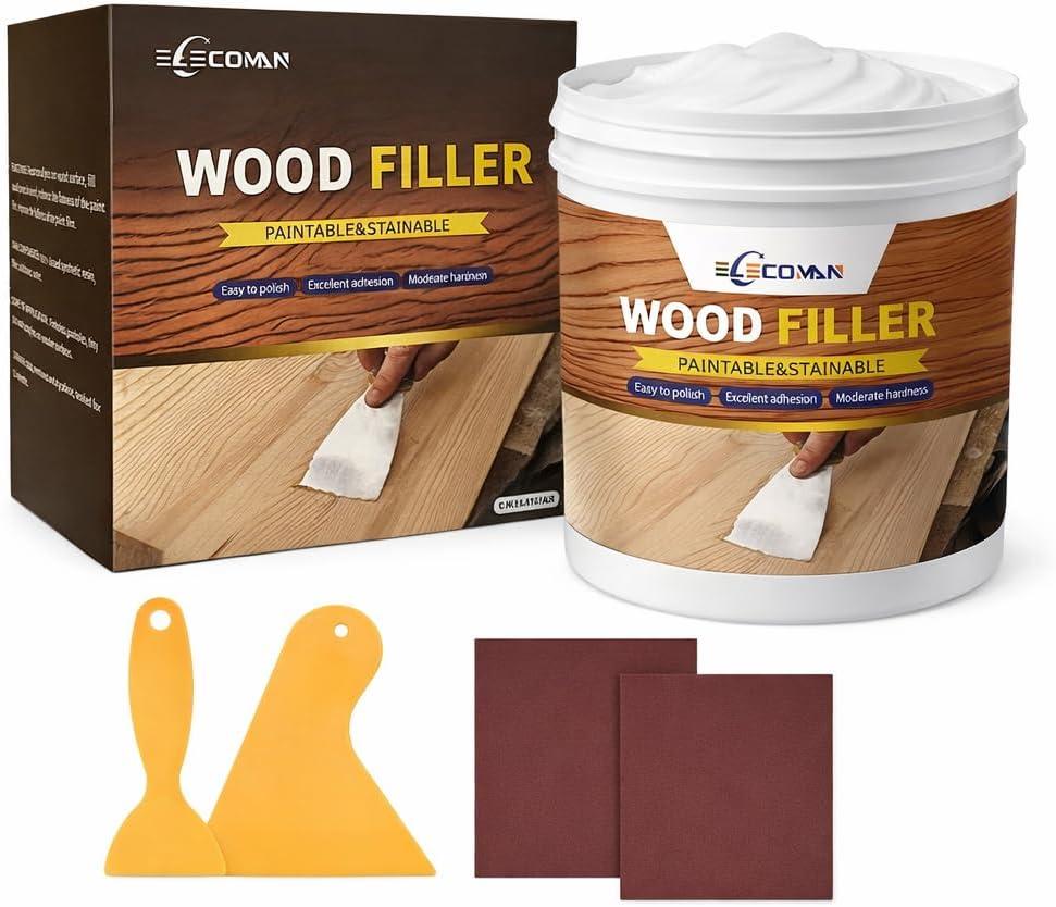 Wood Filler Repair Kit 16oz White  Paintable & Stainable Wood Putty Filler for Furniture, Doors & Floors, Exterior Water-Resistant Wood Crack & Hole Filler with Scrapers, Sandpaper & Gloves