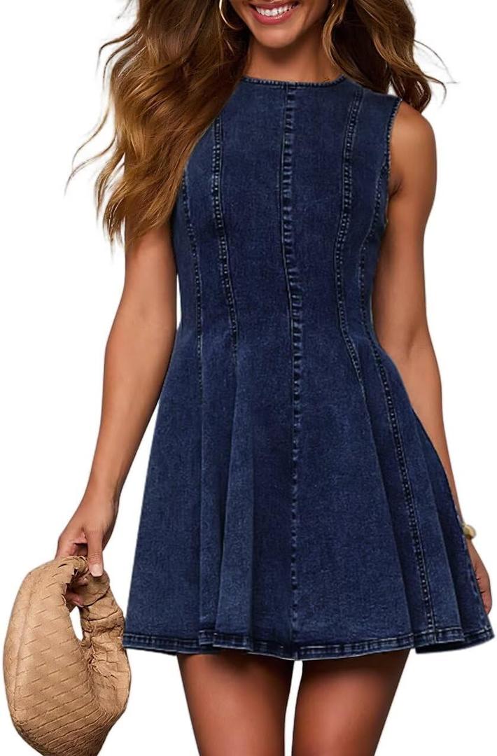 KDF Denim Dress for Women Sleeveless Babydoll Tank Jean Dress Slim Fit A-Line Summer Dresses for Women 2026 (Blue, M)
