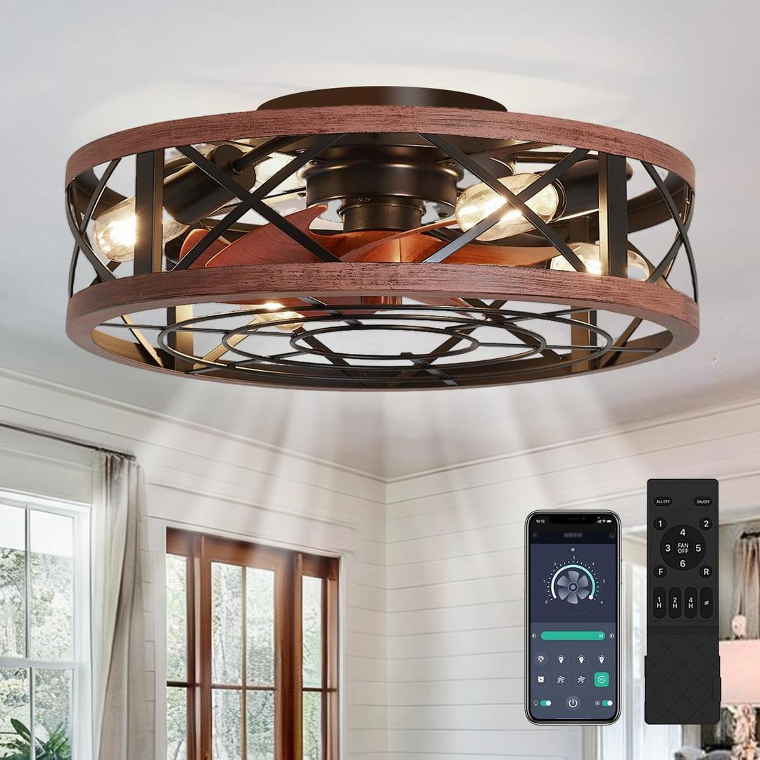 19'' Caged Ceiling Fans with Lights and Remote, Fandelier Ceiling Fan with Light, 6 Speeds and Reversible, Low Profile Ceiling Fan with Light for Bedroom, Living Room and Kitchen