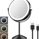 Benbilry 8 Inch Lighted Makeup Vanity Mirror with Lights 3 Color Dimmable, 1X/10X Magnifying Rechargeable Double Sided Light Up Cosmetic Mirror, 360 Swivel Cordless Standing, Black