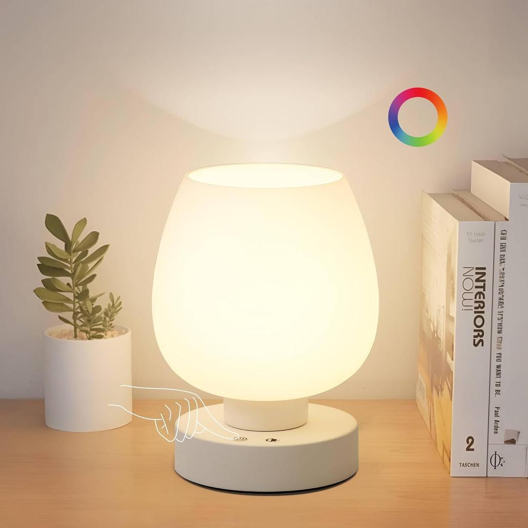 KARTOOSH Cordless Touch Bedside Table Lamp, Rechargeable Battery Operated Desk Lamps with 8 RGB Colors, Dimmable Small Glass Nightstand Light for Living Room Bedroom Kitchen Counter