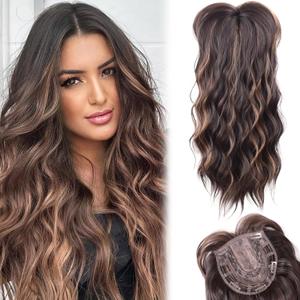 LEEONS Hair Toppers for Women - Synthetic Wavy Middle Part Hair Topper with Fringe Bangs - Brown Highlighted Caramel Blonde
