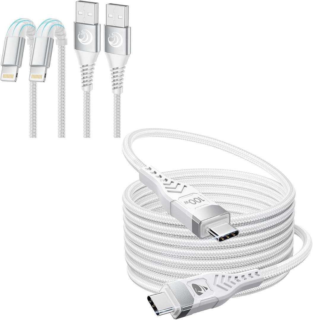 100W USB C to USB C Cable 6.6FT 5A USB C to USB C Fast Charging Cable + iPhone Charger [Apple MFi Certified] 2Pack 10FT Long Lightning Cable