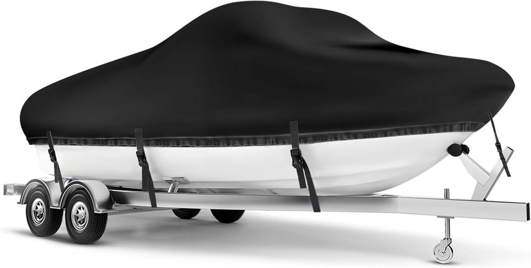 Boat Cover 26-28 ft, Waterproof 900D Heavy Duty Boat Cover, PU Marine Grade Polyester Boat Covers 26-28 ft, Fits Bass, V-Hull, Tri-Hull, Runabout, Jon, Fishing, Trailerable, Beam Width 160 inch (Black-Black)