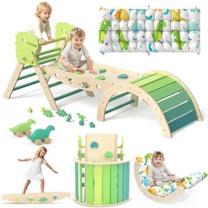 Pikler Triangle Set with Cushion 9 in 1 Climbing Toys for Toddlers 1-3 Indoor Baby Climbing Gym Toddler Montessori Toys Wooden Toy with Maze Toy, Shape Sorter, Dinosaur Car (Green)