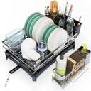 Dish Drying Rack, 304 Stainless Steel Dish Racks for Kitchen Counter with Cutlery Holder & Sponge Holder, Large Dish Drainer with Removable Drainboard, 11.8''W x 16.7''L (Stainless Steel)