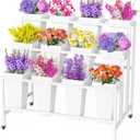 Putros Flower Display Stand with 12 Buckets White 3 Layers Metal Floral Cart with Wheels Moving Florist Bouquet Bar Plant Shelf for Indoor Outdoor Patio Garden Party Decor