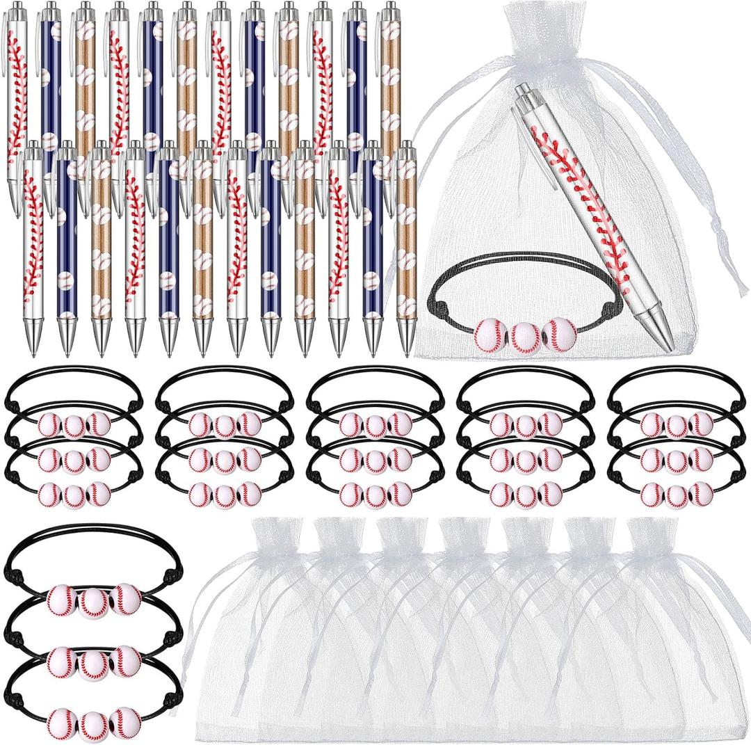 24 Sets Baseball Party Favors Softball Gifts Bags Favors Each Include Ball Theme Ballpoint Pens, Bracelets with Organza Bags for Baseball Season Events Team Party Players Kids Theme Birthday