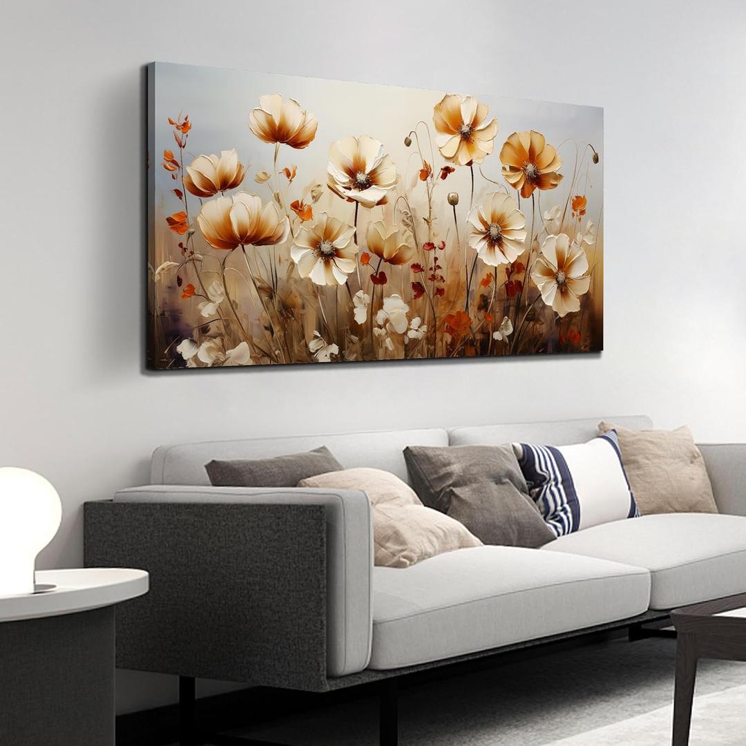 DNIEOTU Flower Canvas Wall Art for Living Room, Floral Wall-Decor for Bedroom, Beige and Brown Picture Prints for Hallway Office, Size 47 x 24 Inches