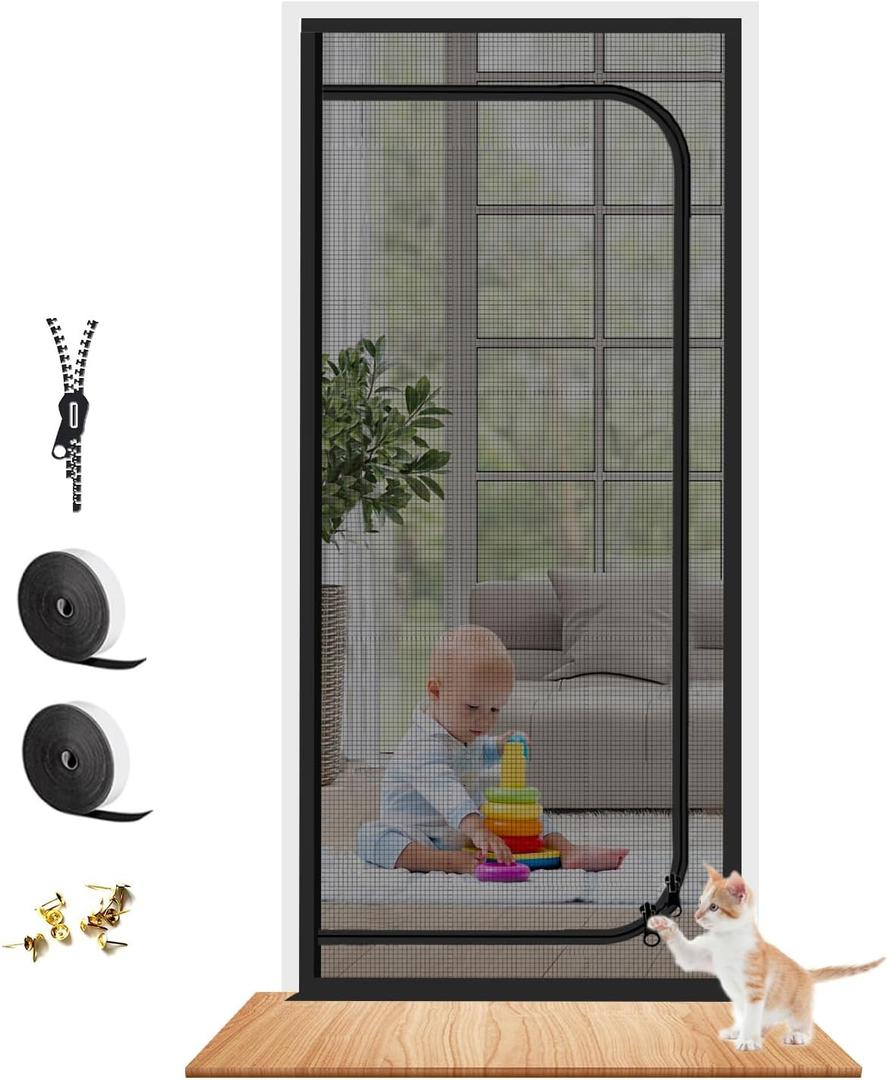 Upgraded Reinforced Pet Screen Door Thickened Cat Resistant Mesh Screen Door for Living Room, Bedroom, Patio, Dog Cat Scratch Proof Screen with Zipper Closure (Fits Door Size up to 32''x 80'', Black)