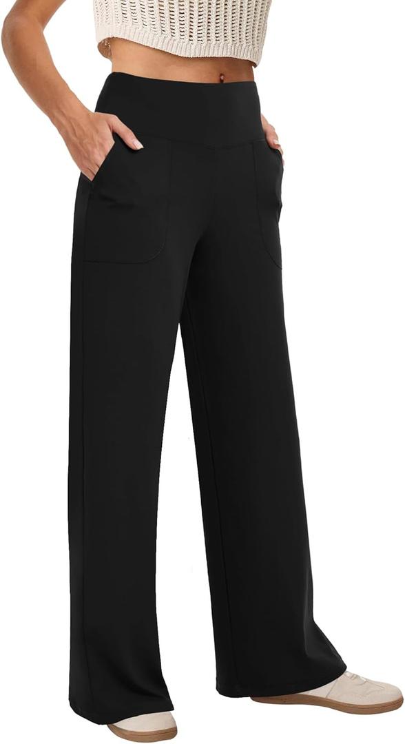 COPYLEAF Wide Leg Pants Woman High Waist Yoga Pants with Pockets Loose Stretch Dress Work Sweatpants Casual Lounge (X-Large, Black)