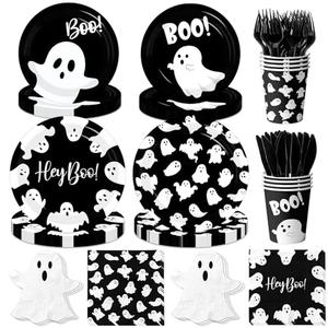 Halloween Paper Plates and Napkins, 60Pcs Black Ghost Plates and Napkins Cute Boo Ghost Tableware Set for Halloween Birthday Party Decorations Boo Baby Shower Party Supplies (Black)