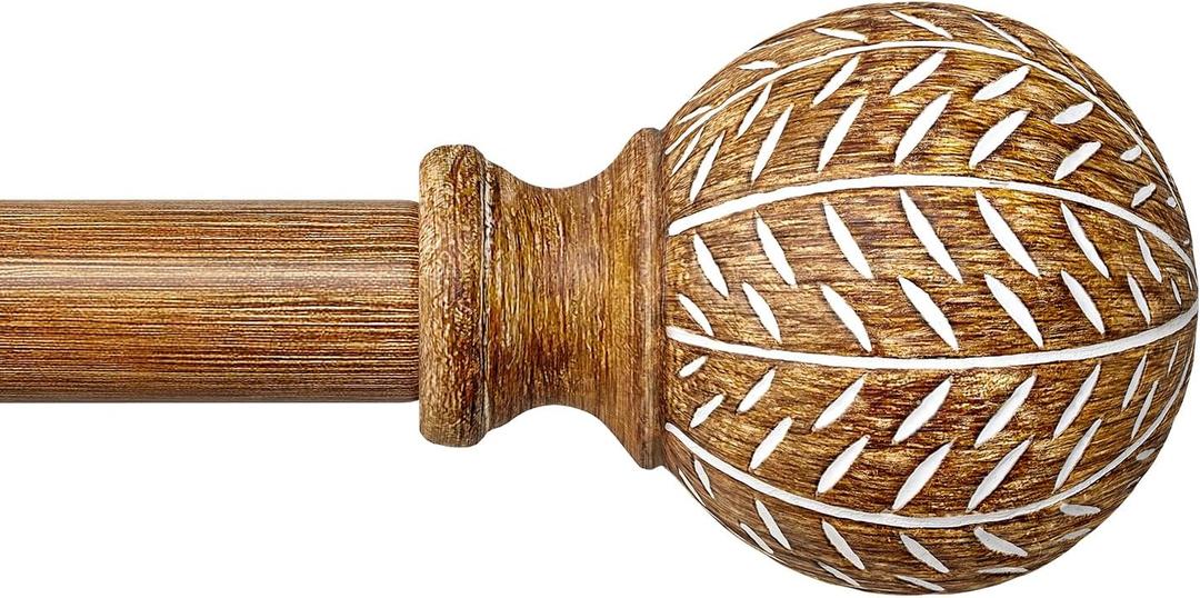 QDWIS Wood Curtain Rods for Windows 48 to 84 Inch,1'' Diameter Drapery Rods with Imitation Wood Grain Leaf Pattern Finials,Boho Adjustable Heavy Duty Curtain Rods Set,36-88'',Color:Natural Wood