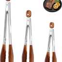 Wooden Tongs Set Of 3 (7", 9", 12"), Stainless Steel BBQ Tongs For Cooking, Frying, Grilling And Salad, Heat Resistant, Non-Slip, Heavy Duty