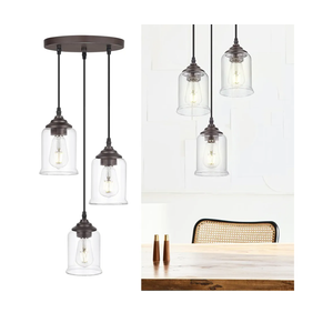 zeyu 3Light Cluster Pendant Light, Farmhouse Hanging Lights for Kitchen, Oil Rubbed Bronze Pendant Light Fixtures Adjustable with Clear Glass Shade, ZSL1043 ORB