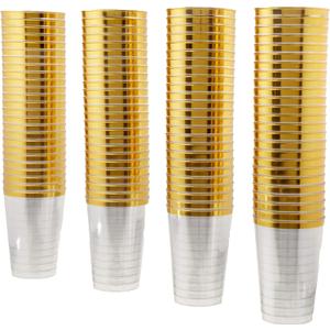 Oojami 100 Pack - 12oz Gold Rim Hard Plastic Cups | Crystal Clear Disposable Old Fashioned Tumblers | Elegant Party Cups for Weddings, Birthdays, Showers, Bars, Events & Everyday Use